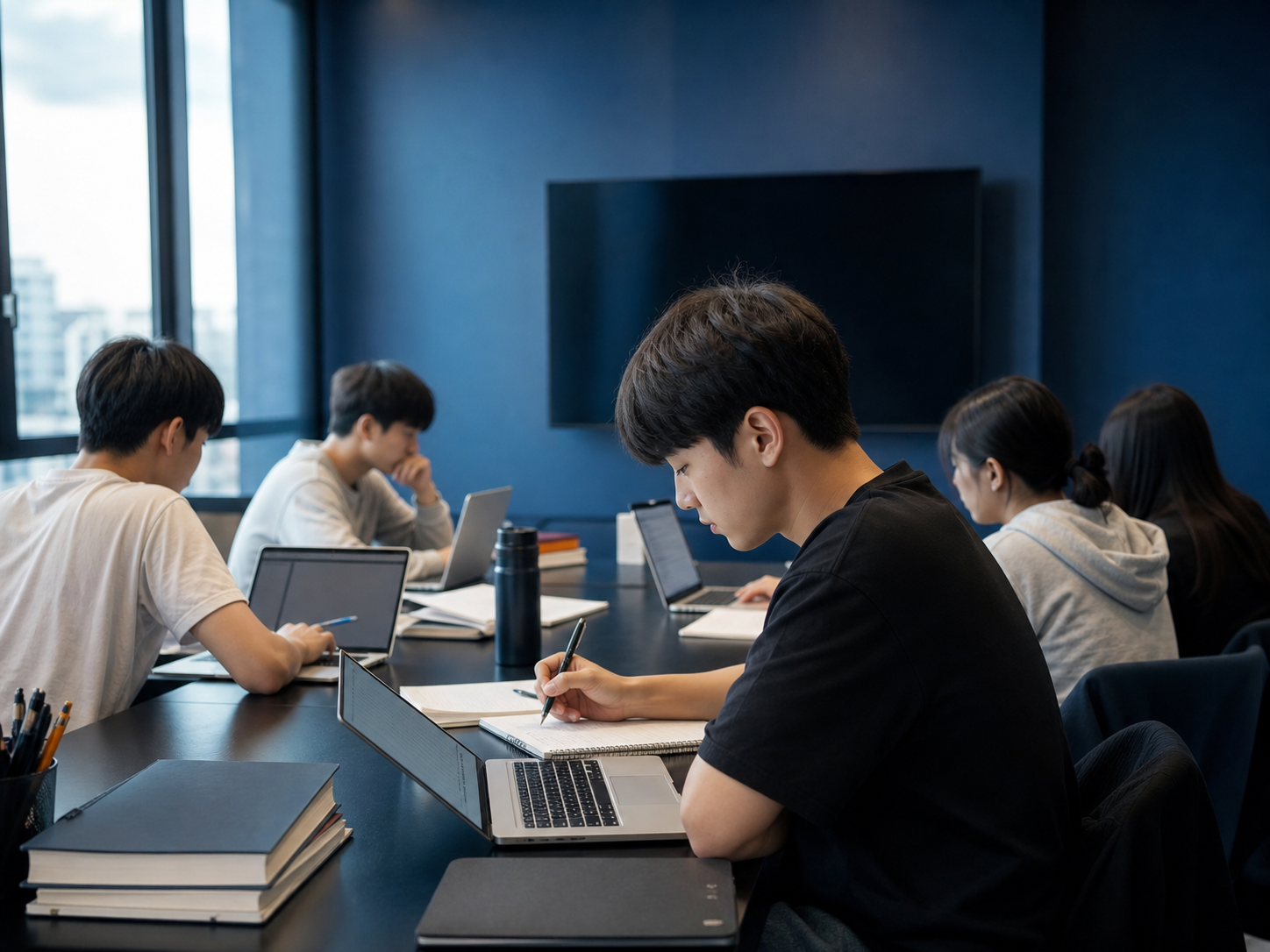 노트북과 노트로 학업 계획을 점검하는 학생